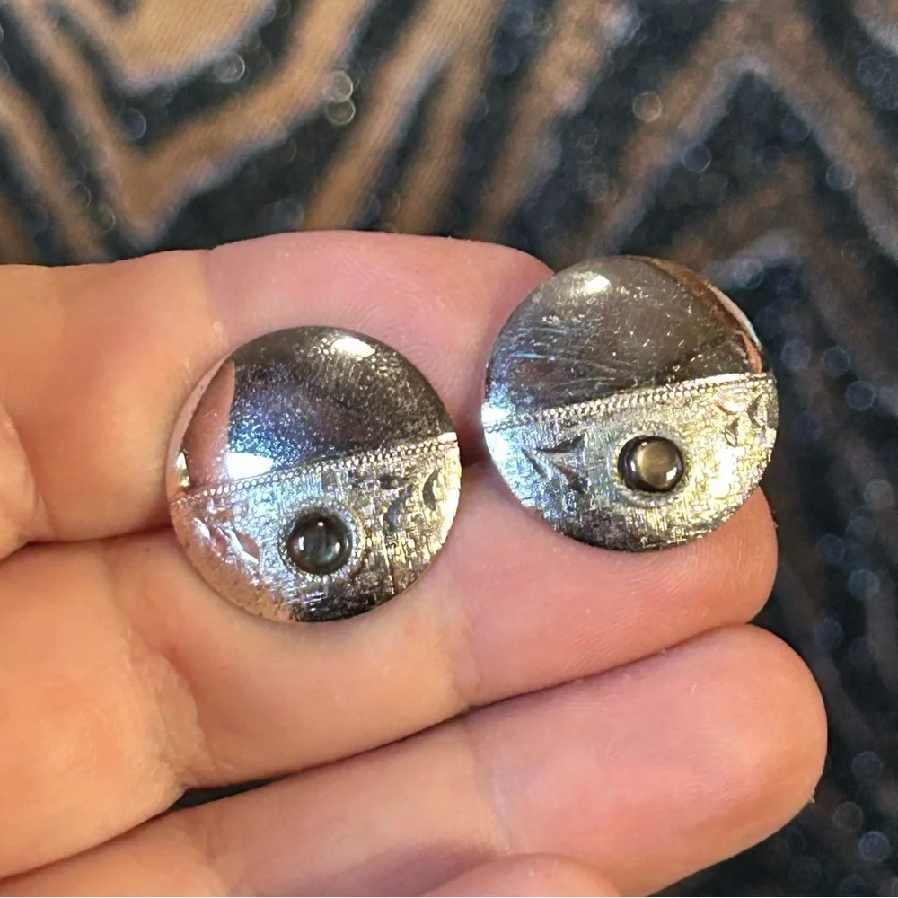 Gentleman’s Vintage JML Sterling art deco etched cat eye glass cuff links